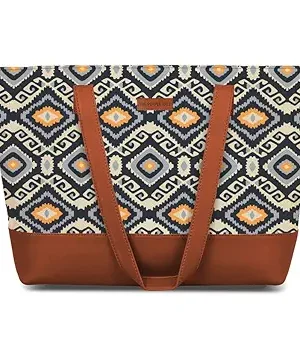 Handcrafted Women's Tote Bag with Vegan Leather Handles & Indian Prints, Shoulder Tote Bag and Handbag for Office and College (Pack of 1)