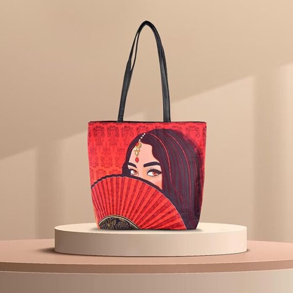 Tote Bag with Indian Art Design, PU Leather, Large Capacity, Red