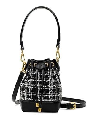 Tweed Drawstring Bucket Handbag with Adjustable & Detachable Sling/Crossbody Strap for Women