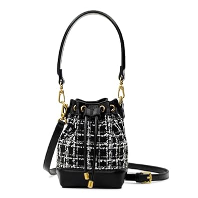 Tweed Drawstring Bucket Handbag with Adjustable & Detachable Sling/Crossbody Strap for Women