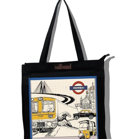 Large 100% Recycled Cotton Canvas, Printed Tote Bag with zipper & inner pocket for Women I College, laptop, Travel, Beach, Daily Use