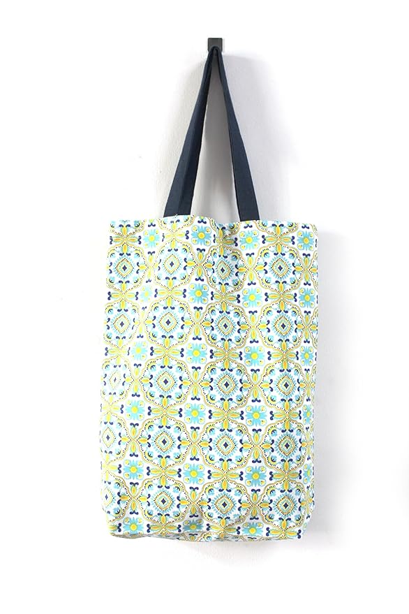 Geometric Print Canvas Tote Bag, Yellow and Turquoise Mandala Pattern