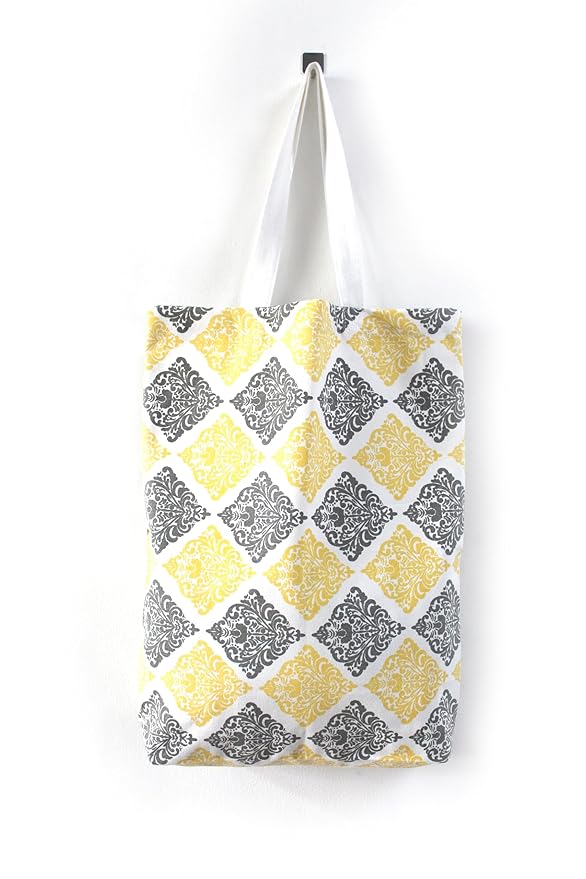 Canvas Tote Bag with Damask Pattern, Yellow and Grey Diamond Print, White Handle