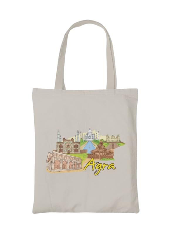 Agra Scenic Landmarks Colourful Printed Reusable Shopping Cotton Tote Bag with Historical Monuments Design