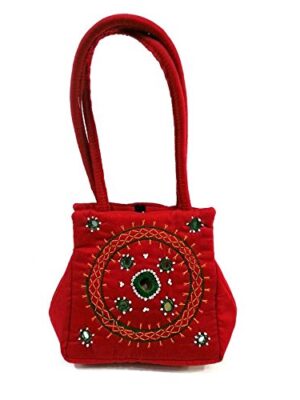 Women's Samosa Cut Small Mirror Work Bag (Red)