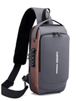 Sling Bag for Men Stylish Crossbody Backpack for Men & Women, Anti-Theft Chest Bag with USB Charging Port, Messenger Bags, Casual Shoulder Bag (Grey Brown - 17 x 9 x 32 Cm)
