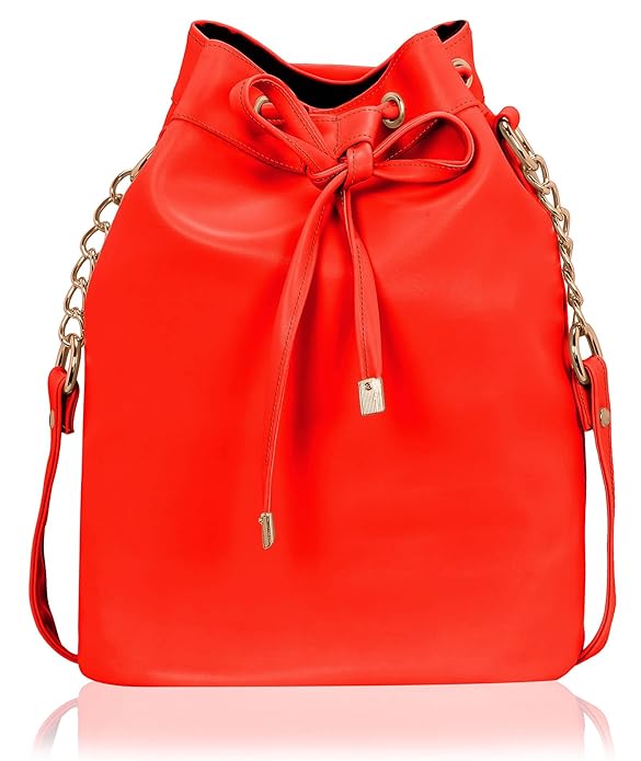 Leather Bucket Sling Bag for Women with Drawstring Closure & Single Compartment | Elegant Cross Body Bag for Girls | Spacious Bag for Girls Suitable for Casual Occasions & Everyday Use-Red