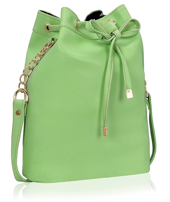 Leather Bucket Sling Bag for Women with Drawstring Closure & Single Compartment | Elegant Cross Body Bag for Girls | Spacious Bag for Girls Suitable for Casual Occasions & Everyday Use-Green