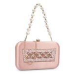 Beaded formal party clutch with gold chain for women and girls-Pink