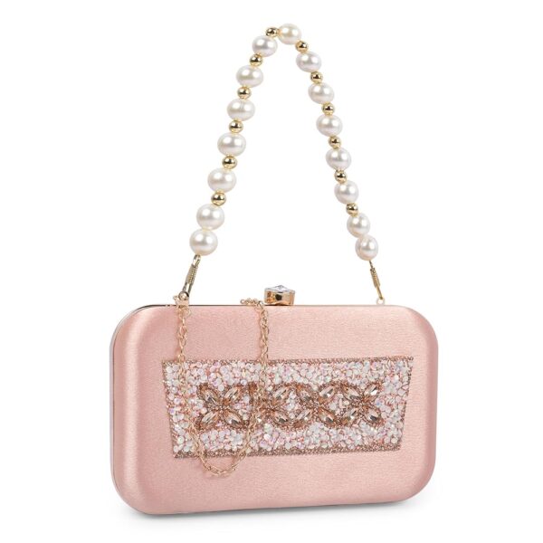 Beaded formal party clutch with gold chain for women and girls-Pink