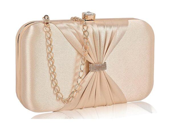 Bow formal party clutch with gold chain for women and girls-Beige