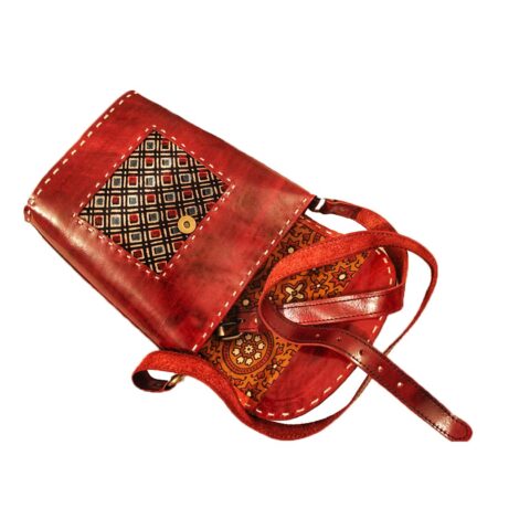 Women's Umber Brown Embroidered Ajrakh Leather Bucket Bag