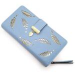 Women's Rose Gold Vegan Leather Leaf Bi-fold Card Coin Holder Long Wallet-Blue