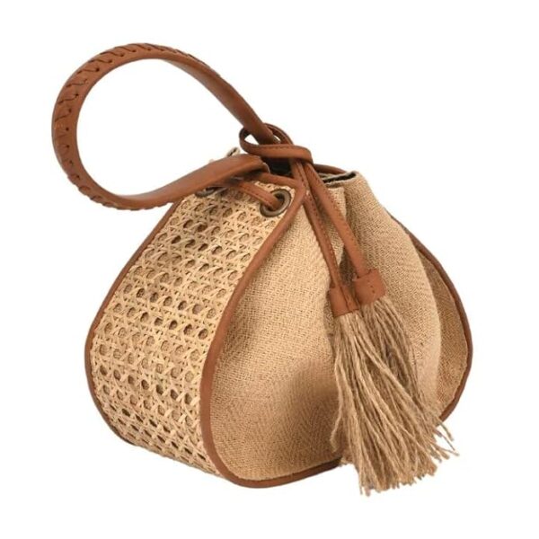 Boho Chic Rattan Bucket Bag with Jute Tassel – Handmade Drawstring Purse for Summer, Beach, and Casual Outfits